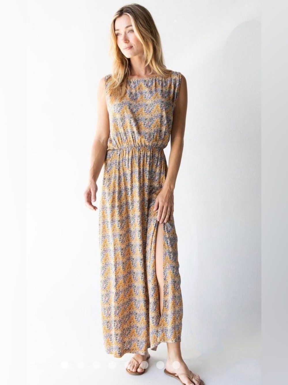 Natural Life Christine Maxi Dress Blue Yellow Floral Slit Medium Rayon